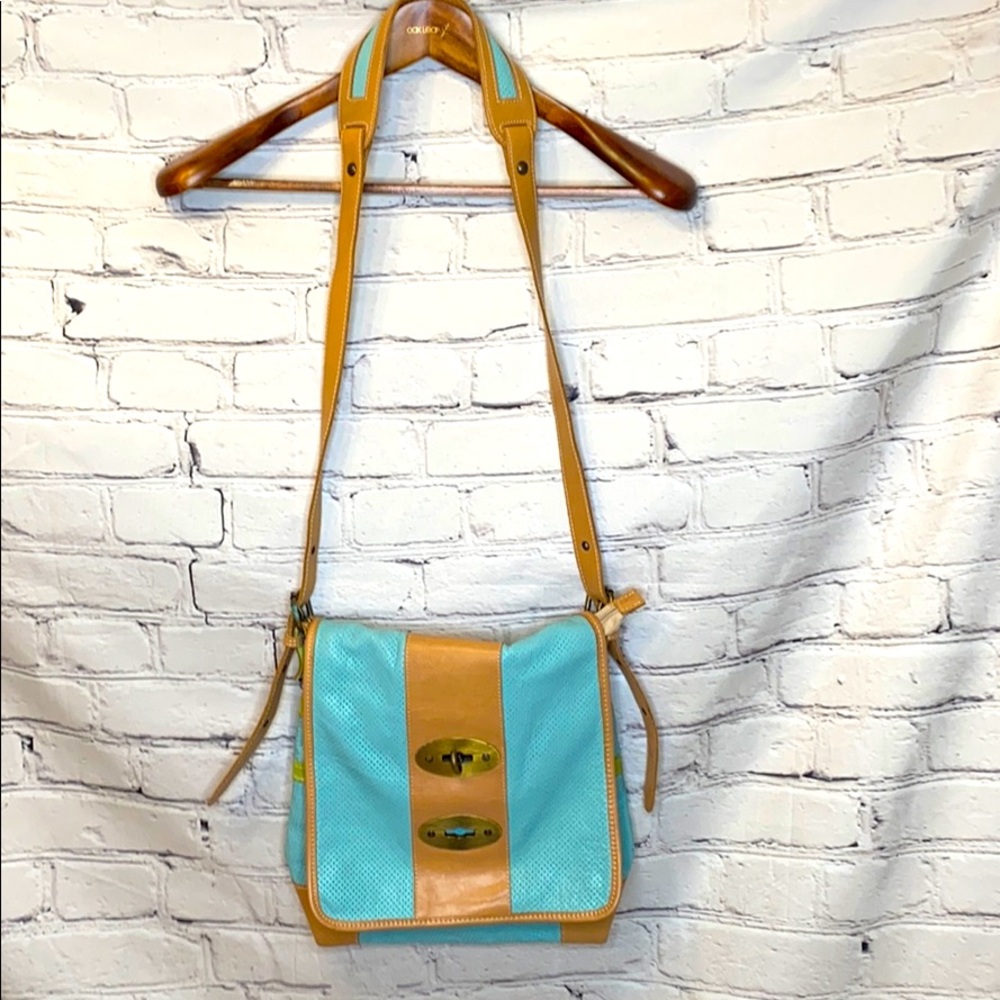 Noa Blue Green Tan Leather Crossbody Messenger Bag